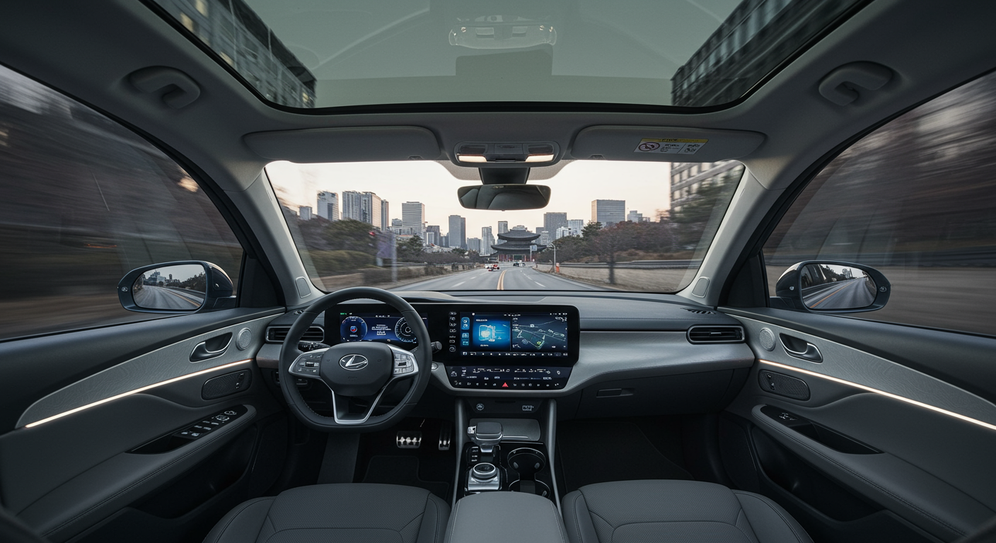 파노라마 글래스 루프와 첨단 인포테인먼트 시스템을 갖춘 미래지향적인 전기차 내부