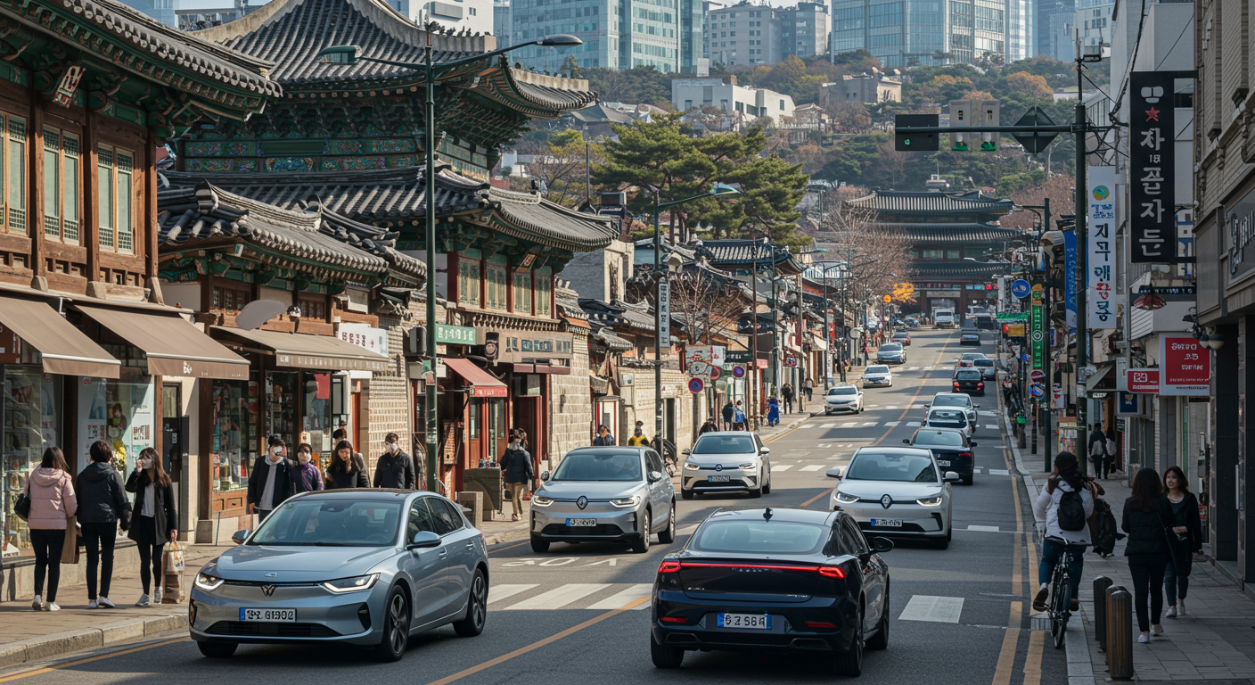 다양한 전기차가 달리는 서울 도심 거리 풍경