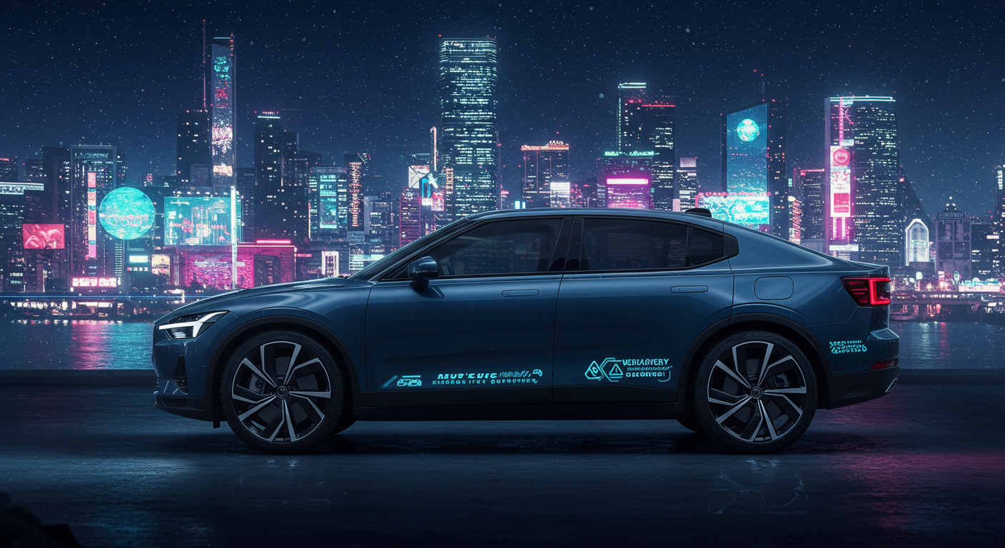 미래 도시를 배경으로 한 날렵한 폴스타 4 쿠페형 SUV