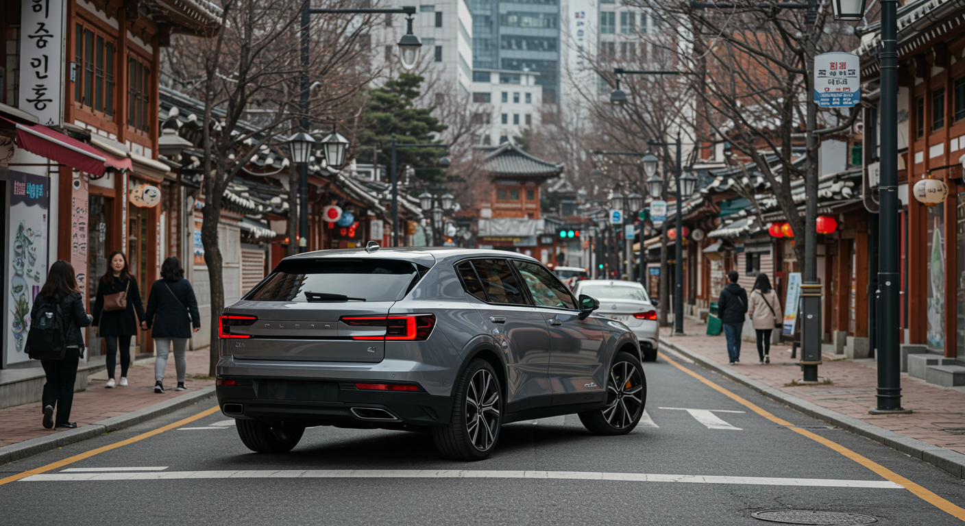 서울 거리에서 세련된 디자인과 실용성을 겸비한 폴스타 4