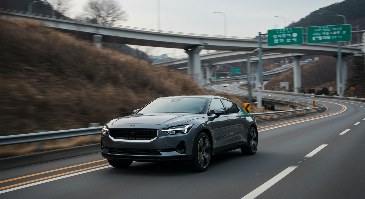 한국 고속도로에서 속도와 안정성을 강조하며 달리는 강력한 폴스타 4
