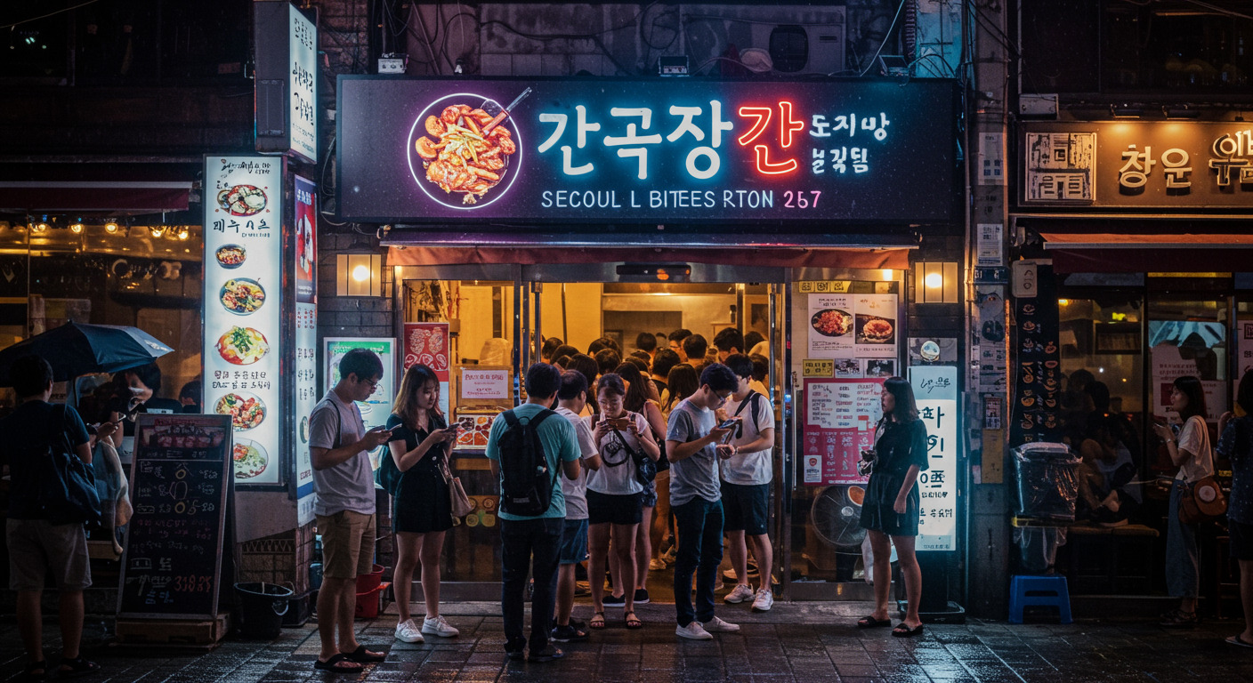 인기 있는 한국 레스토랑 입구에서 사람들이 휴대폰으로 예약을 확인하는 모습