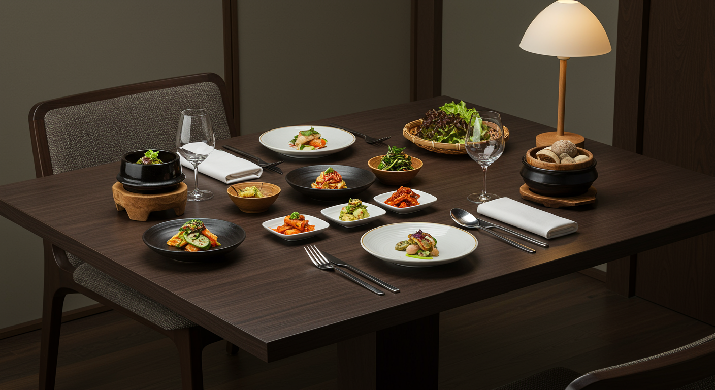 세련된 한식 오마카세 테이블 설정과 간결한 플레이트 배치