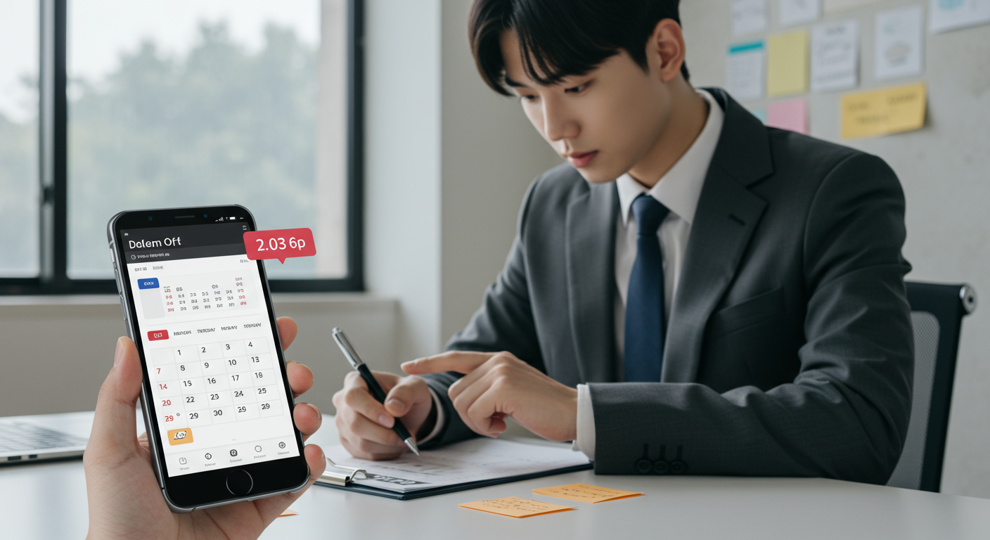 젊은 직장인이 책상에서 스마트폰 알림과 전략 노트를 확인하는 장면