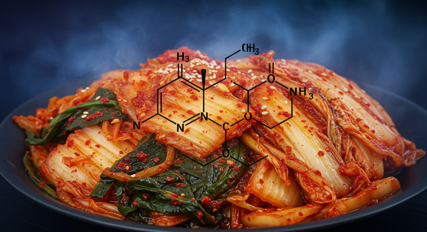 니트로사민 화학 구조가 겹쳐진 김치와 젓갈 클로즈업 이미지