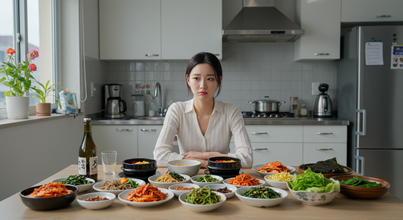 식탁에 앉아 음식을 앞에 두고도 배고픔을 느끼는 고민스러운 여성