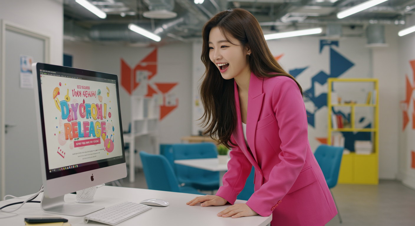 현대적인 사무실에서 컴퓨터 화면을 보며 새로운 폰트 출시 소식을 기뻐하는 여성