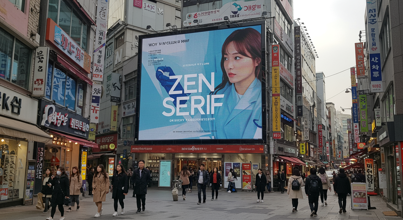 서울 번화가의 대형 디지털 광고판에 표시된 ZEN SERIF 폰트 런칭 광고
