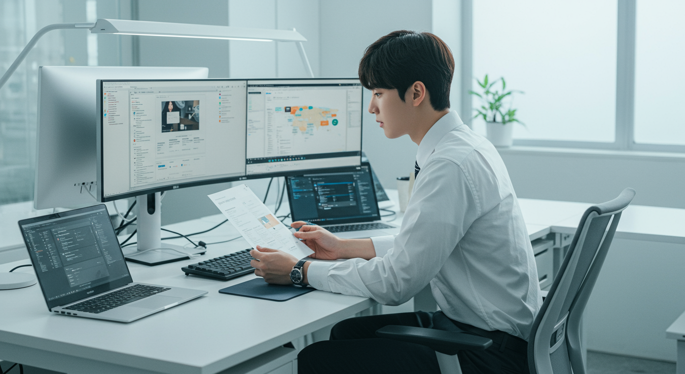 현대적인 사무실에서 디지털 장비로 둘러싸인 한국의 직장인