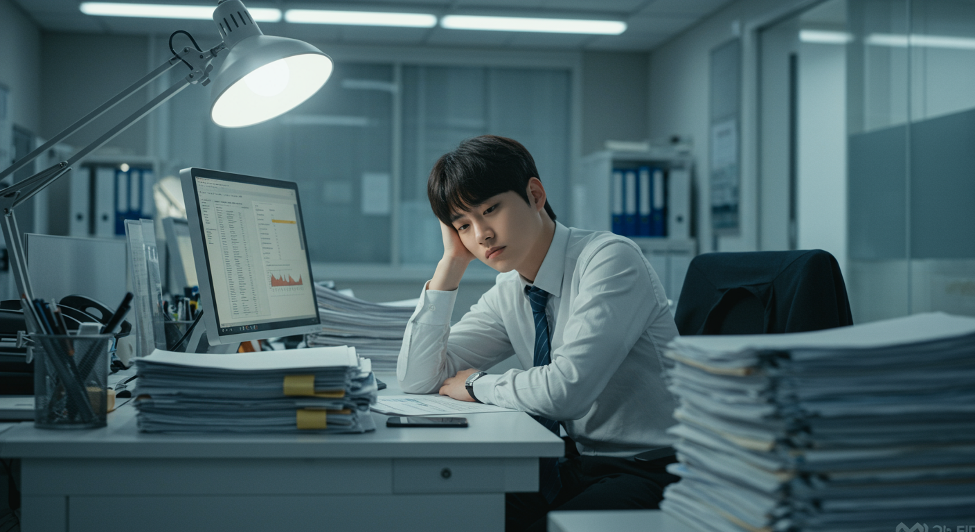 현대적인 사무실에서 지루해 보이는 직장인의 모습