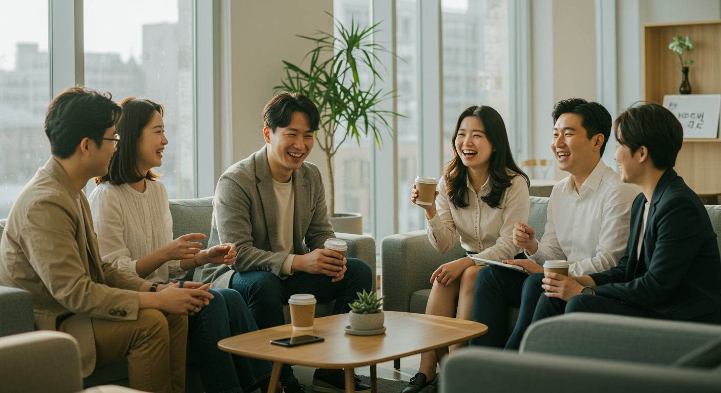 사무실 휴게 공간에서 커피를 마시며 대화하는 즐거운 직장인들