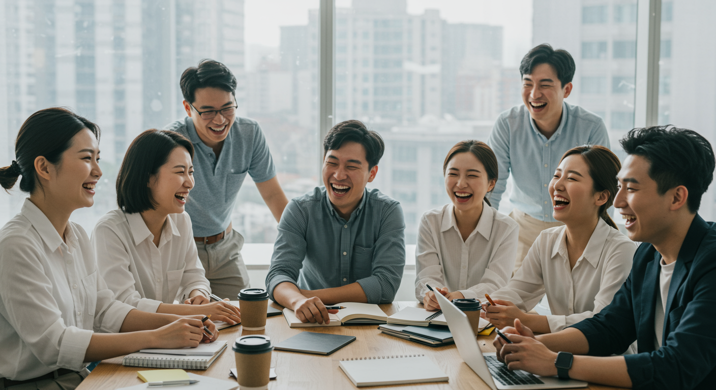 사무실 회의실에서 동료들이 함께 웃고 있는 모습