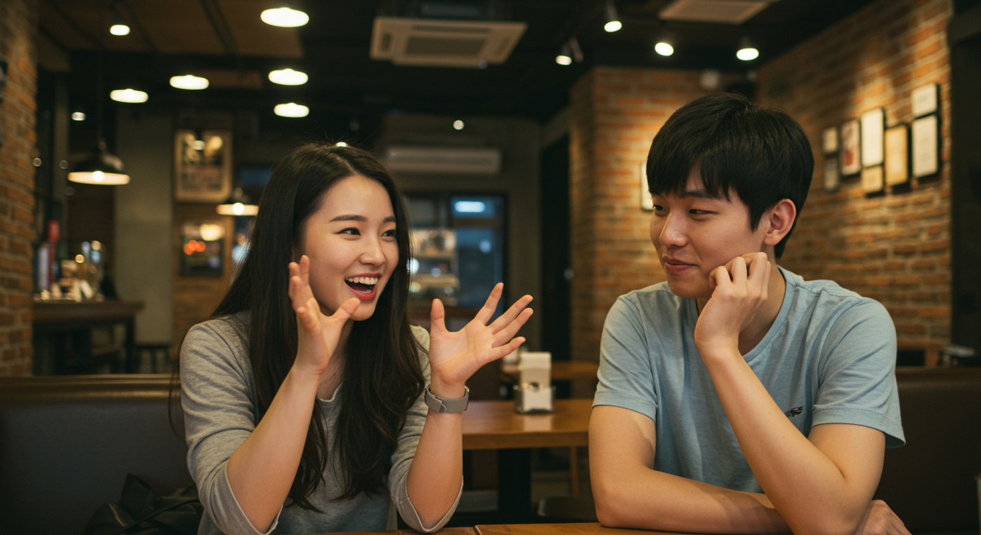 카페에서 친구끼리 대화하며 두 표현의 차이를 설명하는 장면