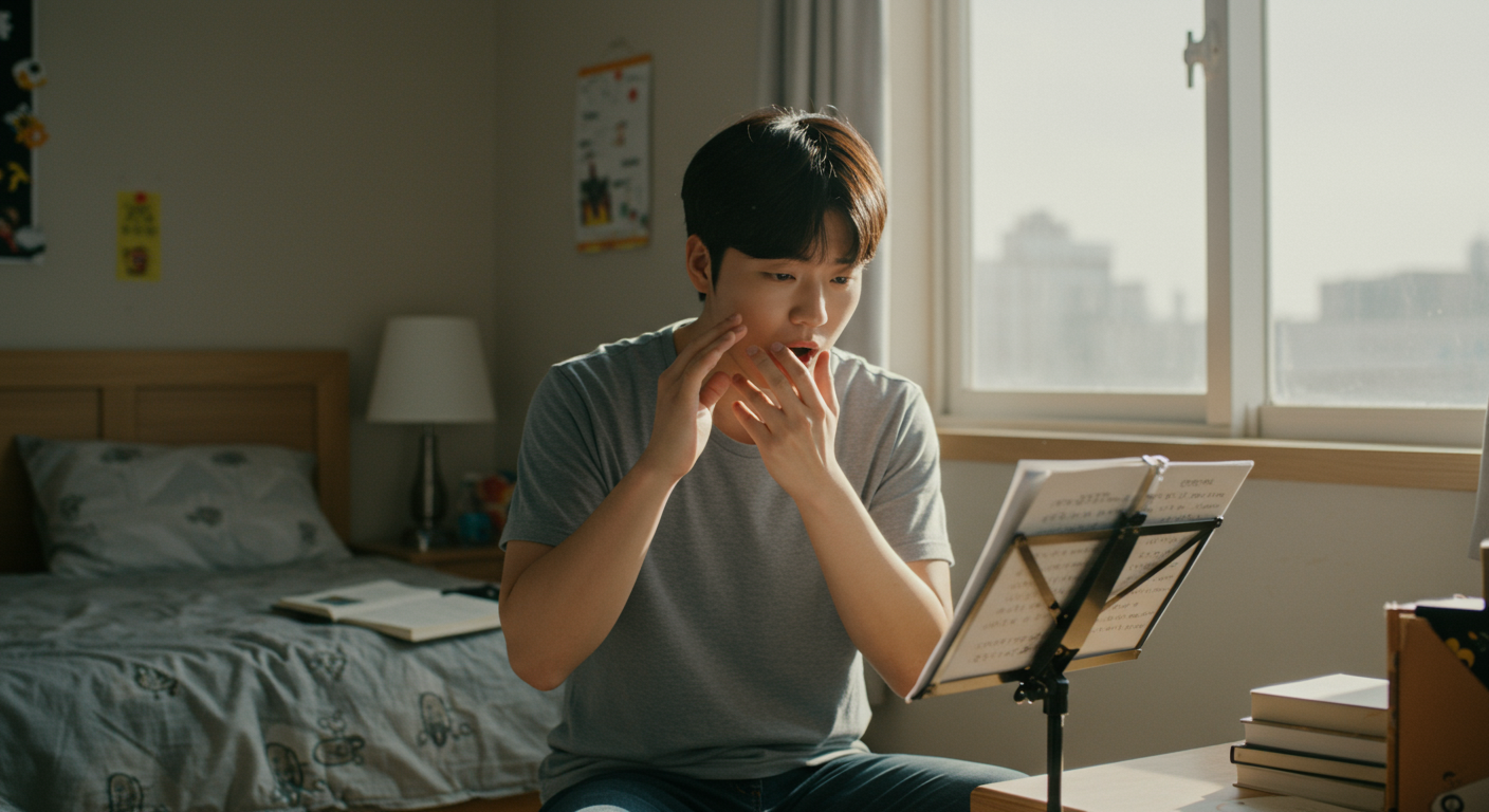 거울 앞에서 발음을 연습하고 있는 젊은 남성의 모습