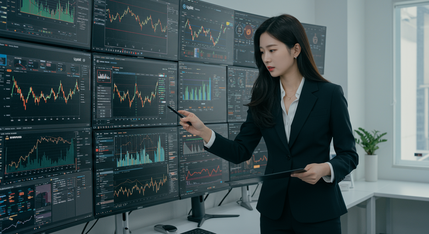 업비트와 빗썸 같은 암호화폐 플랫폼 데이터를 비교하는 금융 분석가