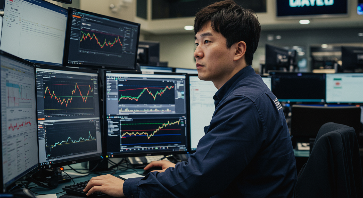 거래실에서 RSI와 MACD 같은 기술적 분석 도구를 사용하는 트레이더