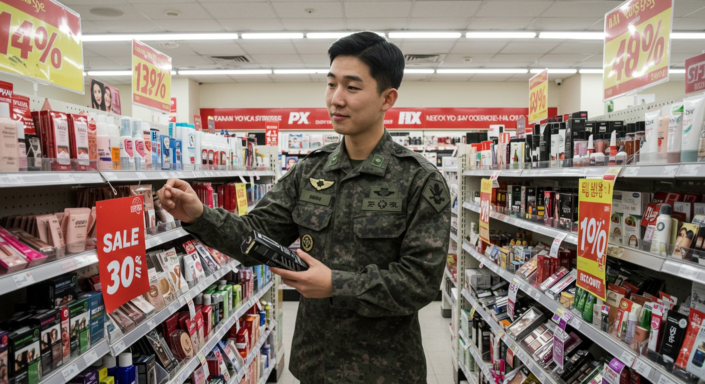 군인이 PX에서 다양한 화장품을 둘러보는 장면