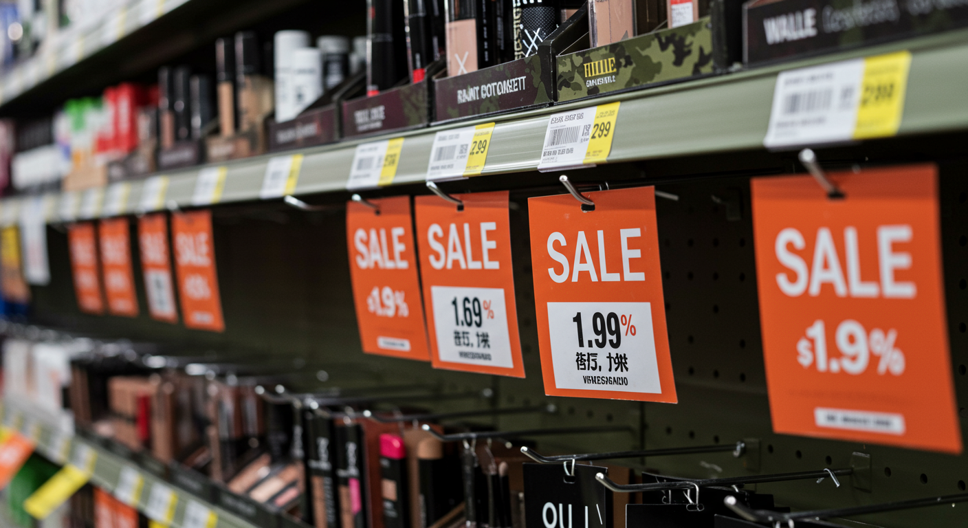 저렴한 가격표와 인기 브랜드 로고가 있는 군대 매장의 클로즈업