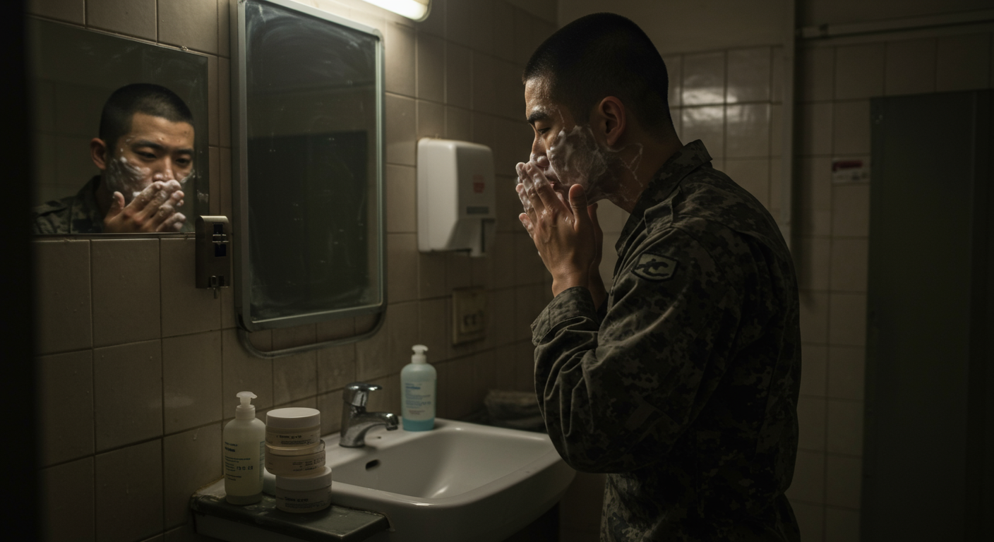 군인이 막사 욕실에서 클렌징 폼으로 세안하는 모습