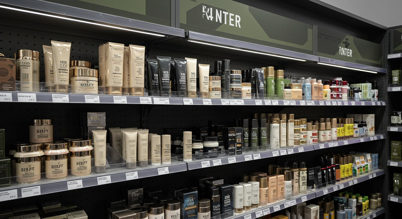 군대 매장에서 2025년에 새로 입점한 프리미엄 스킨케어 크림 진열된 모습