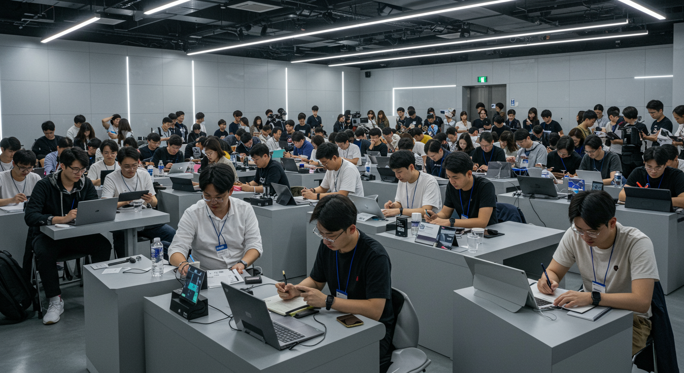 현대적인 컨퍼런스 홀에서 삼성 갤럭시S26 출시를 논의하는 기자들