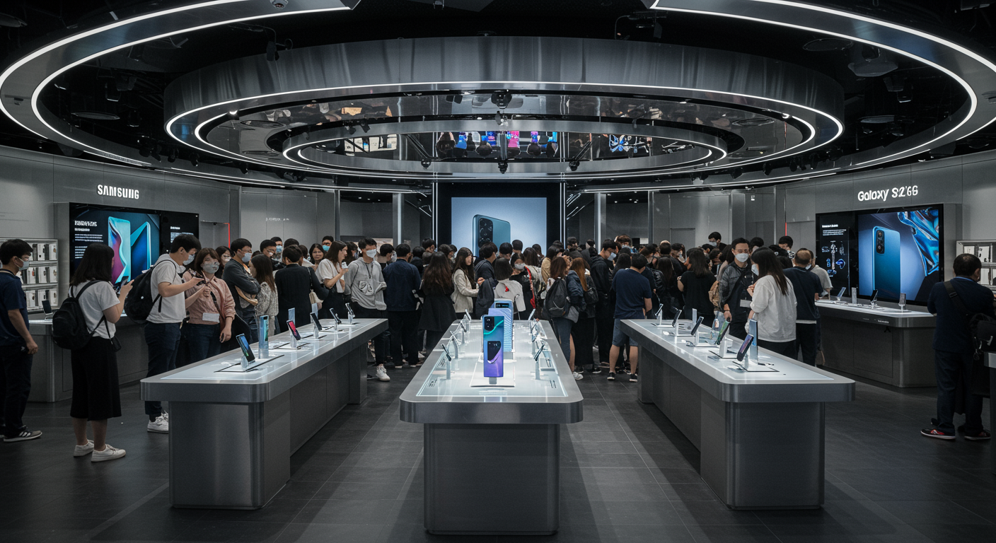 서울의 미래지향적인 삼성 매장에서 갤럭시S26 모델을 기대하며 바라보는 고객들