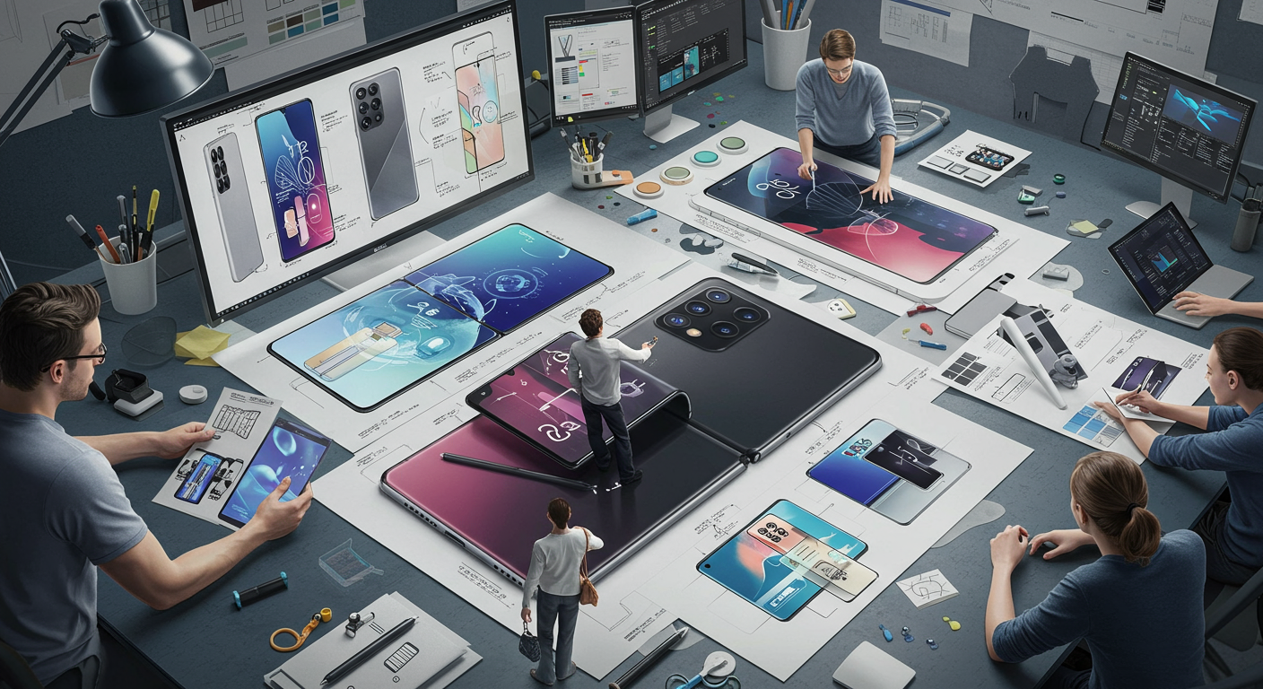 혁신적인 디자인 스케치와 새로운 모델 구성안이 있는 작업 공간