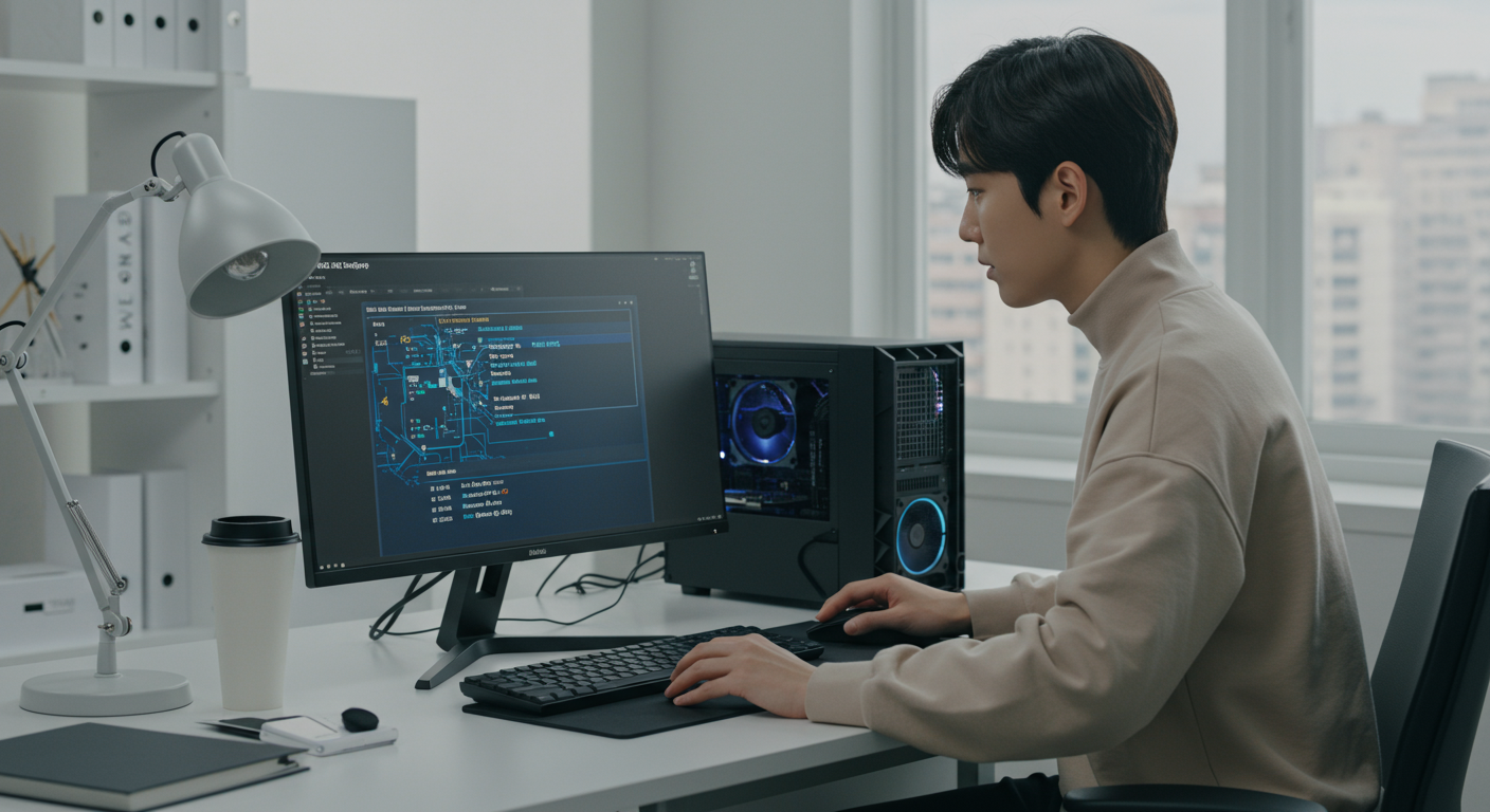 한국의 IT 전문가가 윈도우 11 설치를 위해 컴퓨터에서 TPM 2.0을 설정하는 장면