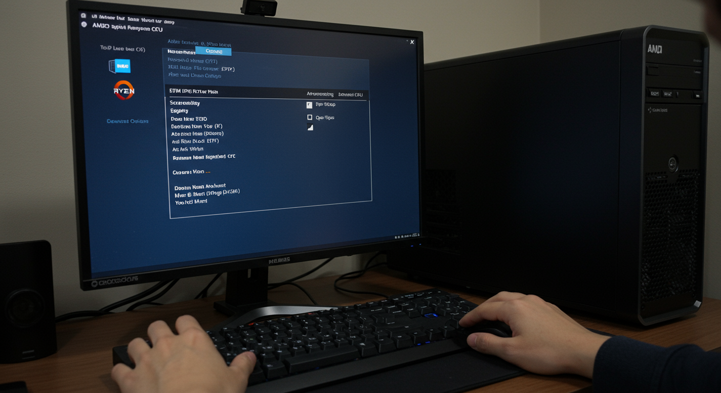 한국 사용자가 AMD 라이젠 CPU에서 fTPM을 설정하기 위해 바이오스에 진입하는 모습