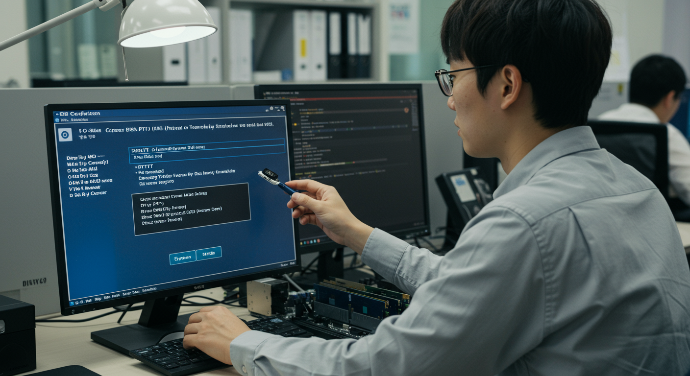 한국 사무직 직원이 인텔 스카이레이크 프로세서에서 PTT를 설정하기 위해 바이오스를 조작하는 모습