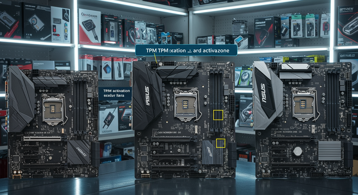 다양한 브랜드의 메인보드가 전시된 매장에서 각기 다른 TPM 설정 위치를 강조한 장면