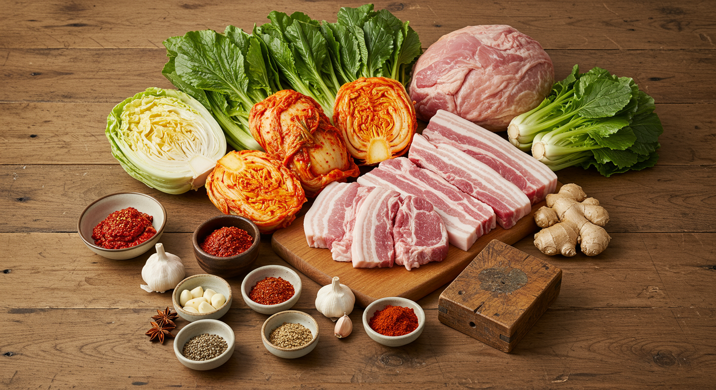 나무 테이블 위에 펼쳐진 신선한 김치찌개 재료들