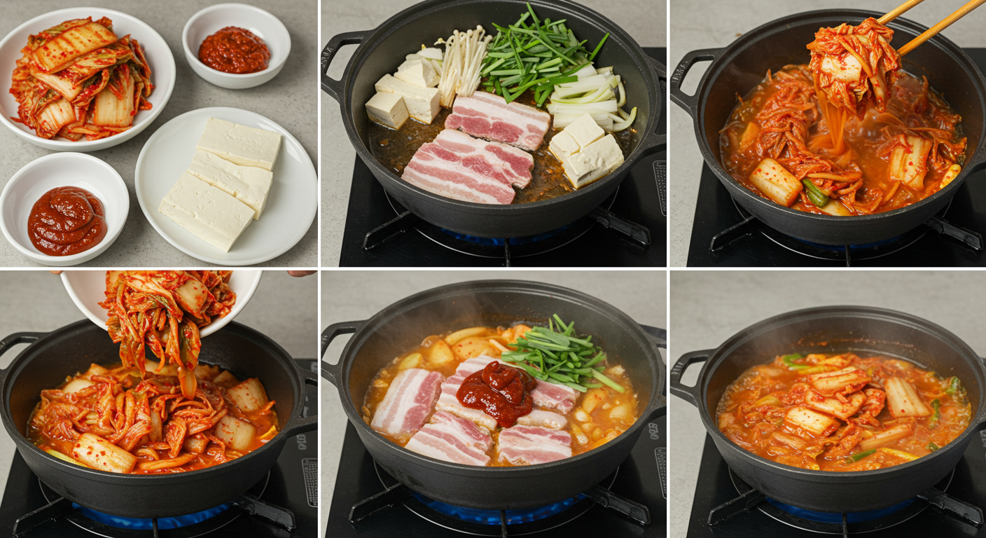 현대적 한국 주방에서 단계별로 요리하는 과정