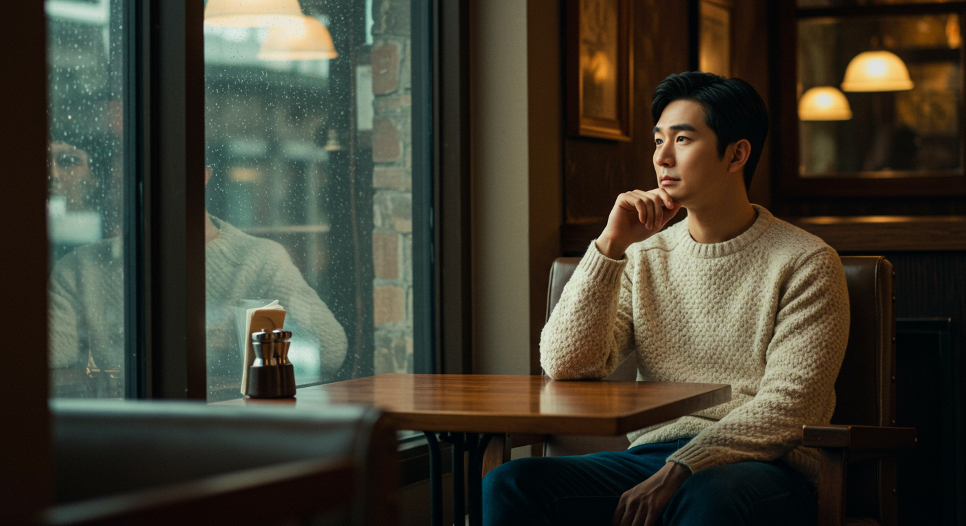 카페에서 비 내리는 창밖을 바라보며 사색에 잠긴 남성