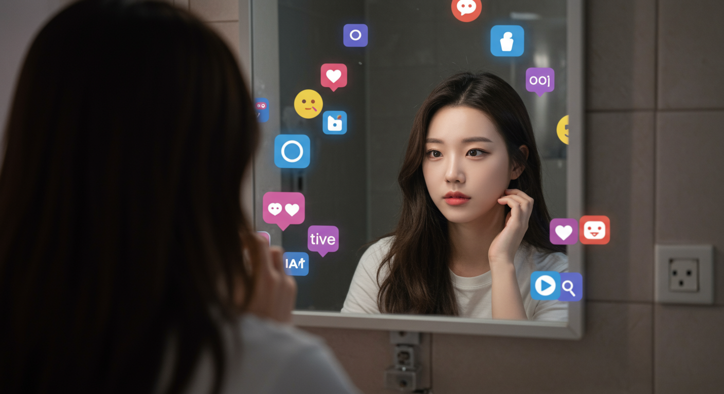 거울 속 자신을 보며 온라인 자아와 진짜 자아를 고민하는 젊은 여성
