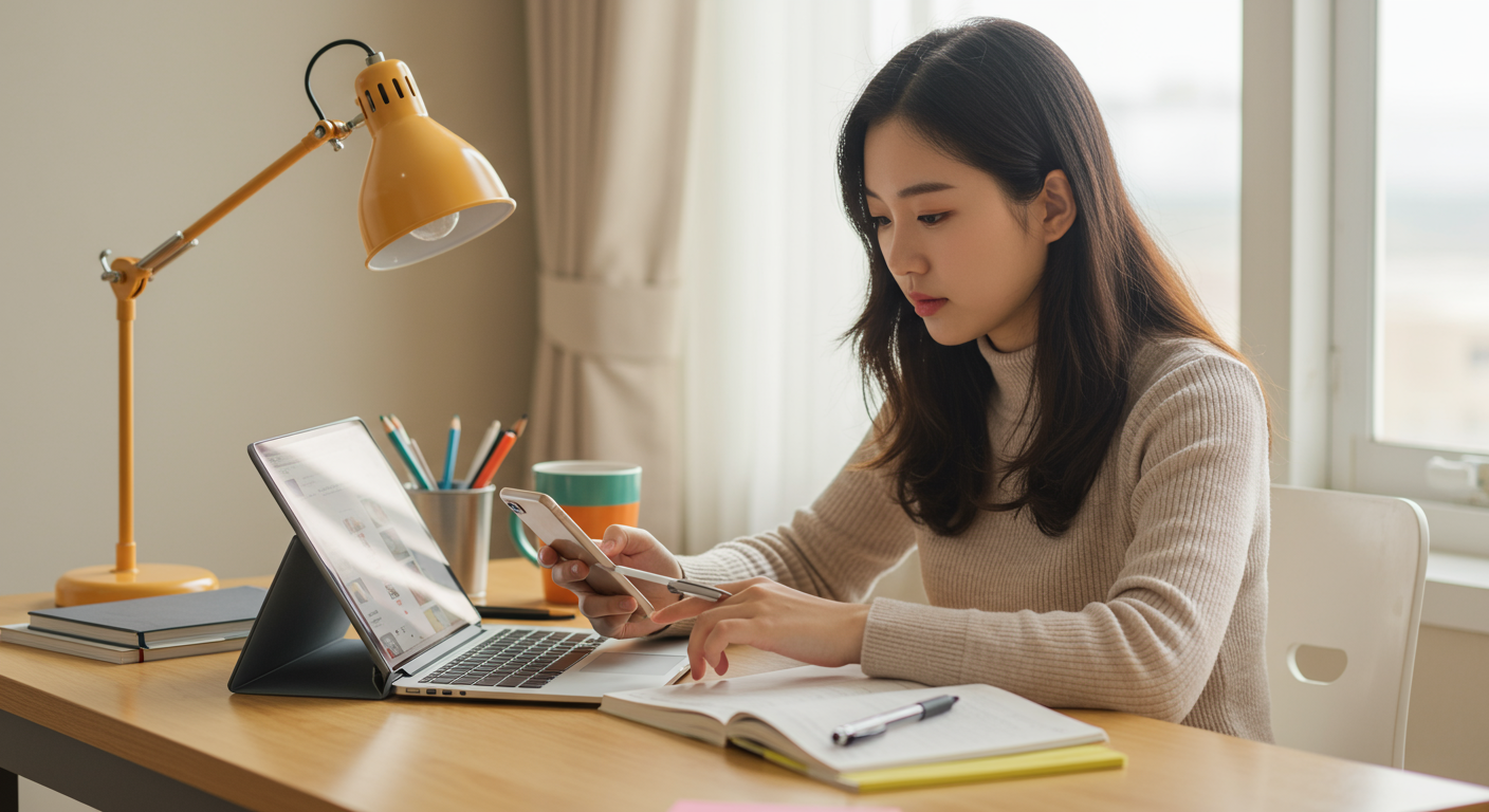 책상 위에서 여러 기기를 사용해 콘텐츠를 스트리밍하는 학생의 모습