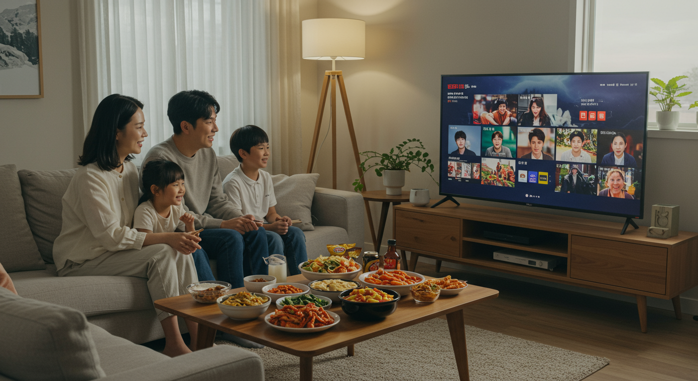 거실에서 대형 TV 화면으로 스트리밍 서비스를 함께 즐기는 가족의 모습