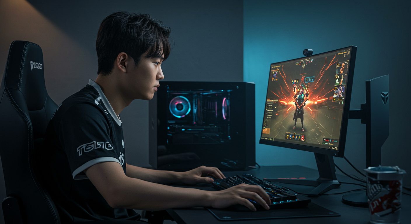 TFT 게임 화면을 집중해서 보는 게이머의 모습과 현대적인 게임 세팅