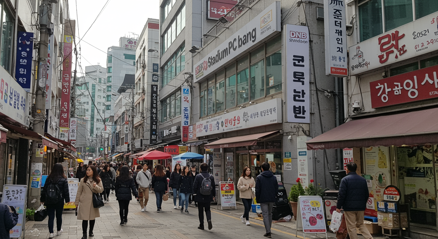 신대방삼거리역 근처에 있는 DNB 스타디움 PC방 간판과 거리 풍경