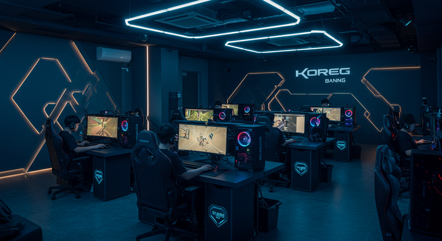 최첨단 컴퓨터와 LED 조명이 설치된 한국의 최신형 PC방 내부