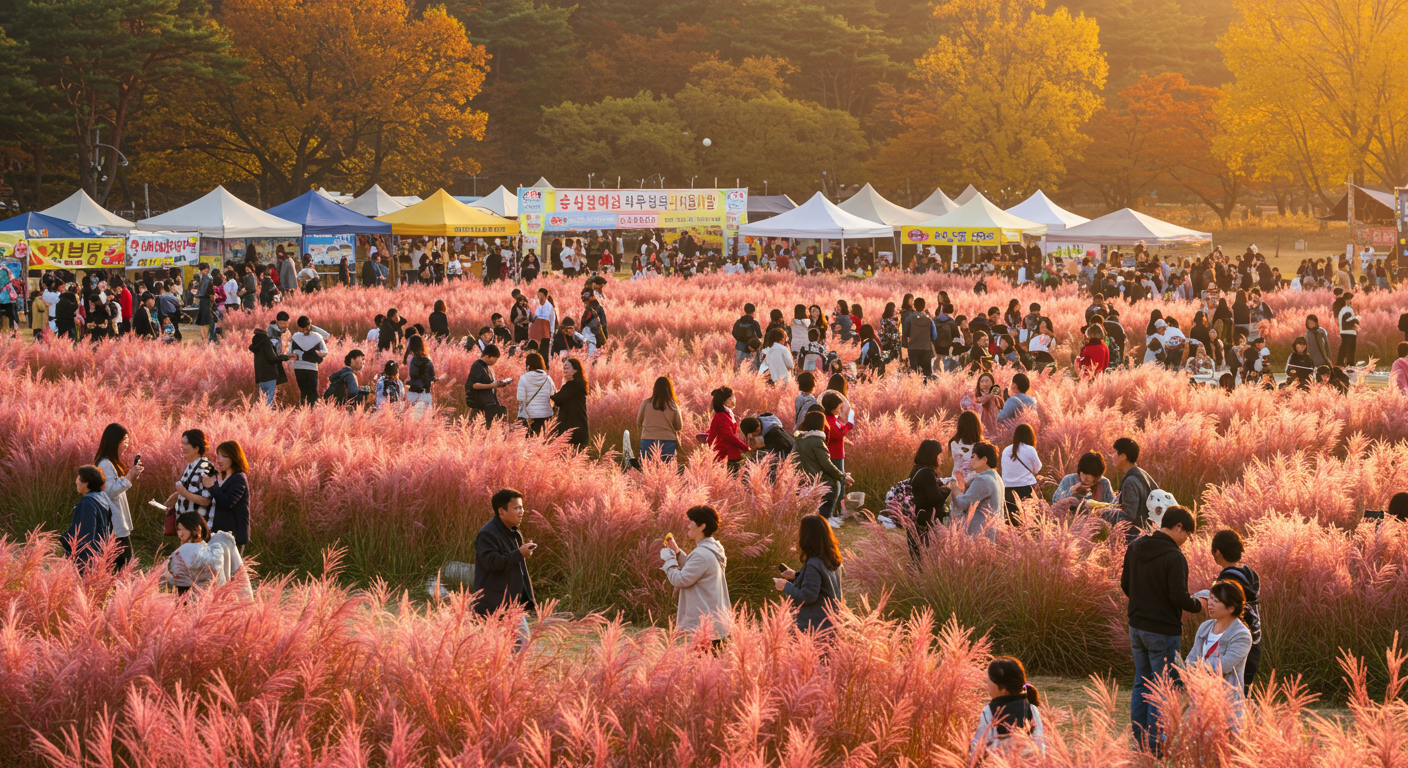 가을 축제에서 사람들이 핑크뮬리 앞에서 사진을 찍는 활기찬 풍경