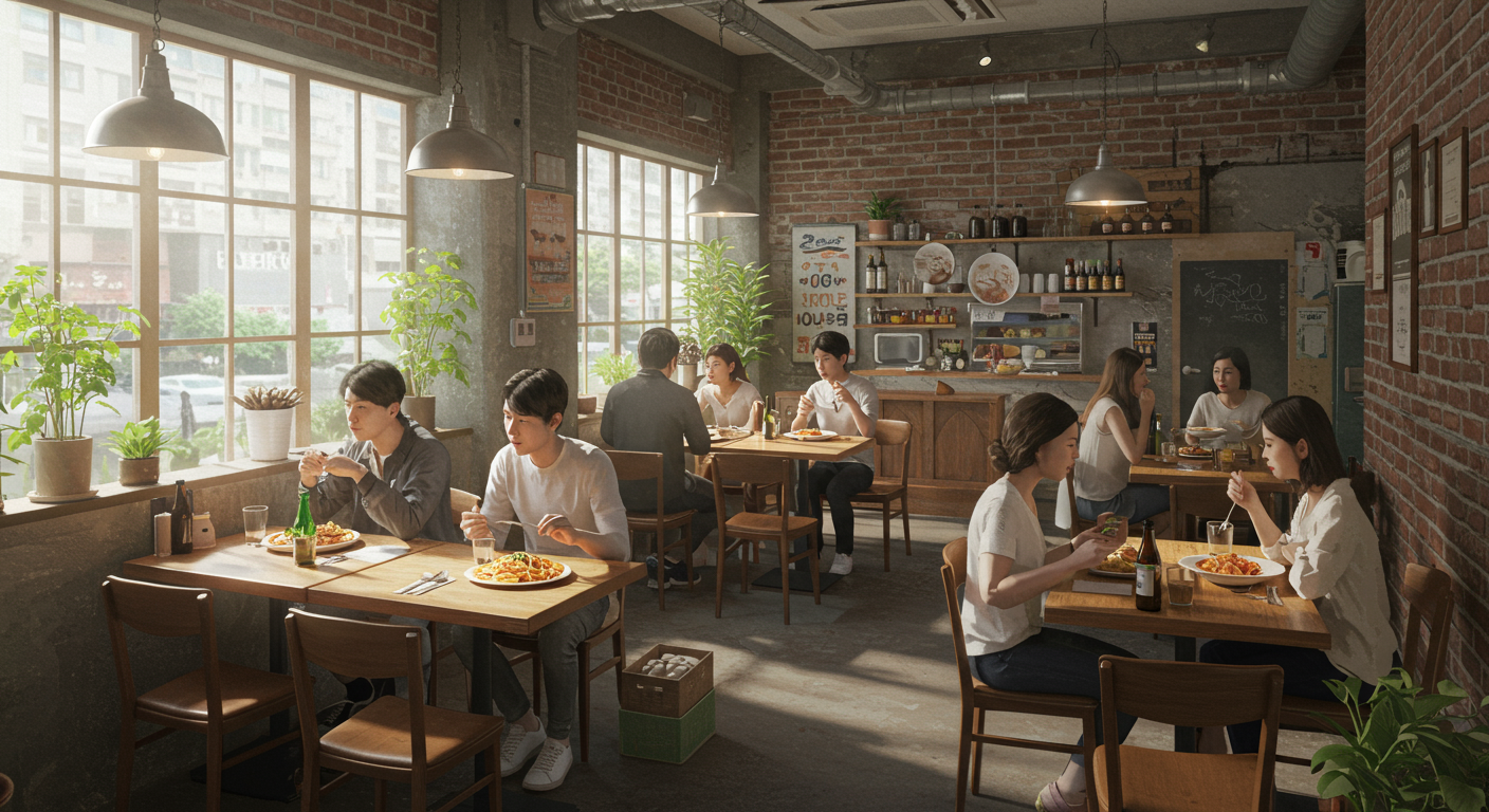 점심 시간에 혼자 또는 작은 그룹으로 저렴한 가격대의 파스타 세트를 즐기는 캐주얼한 다이닝 환경