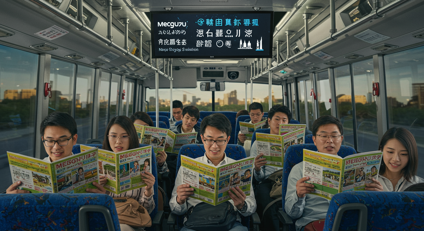 다국어 안내 책자를 읽는 사람들과 다음 정류장 정보를 보여주는 전광판이 있는 메구루 버스 내부 모습