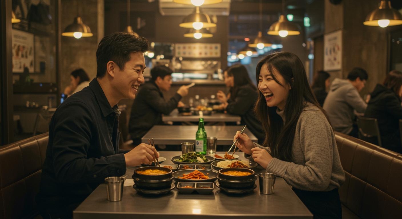 서울 레스토랑에서 음식을 나누며 즐거워하는 커플