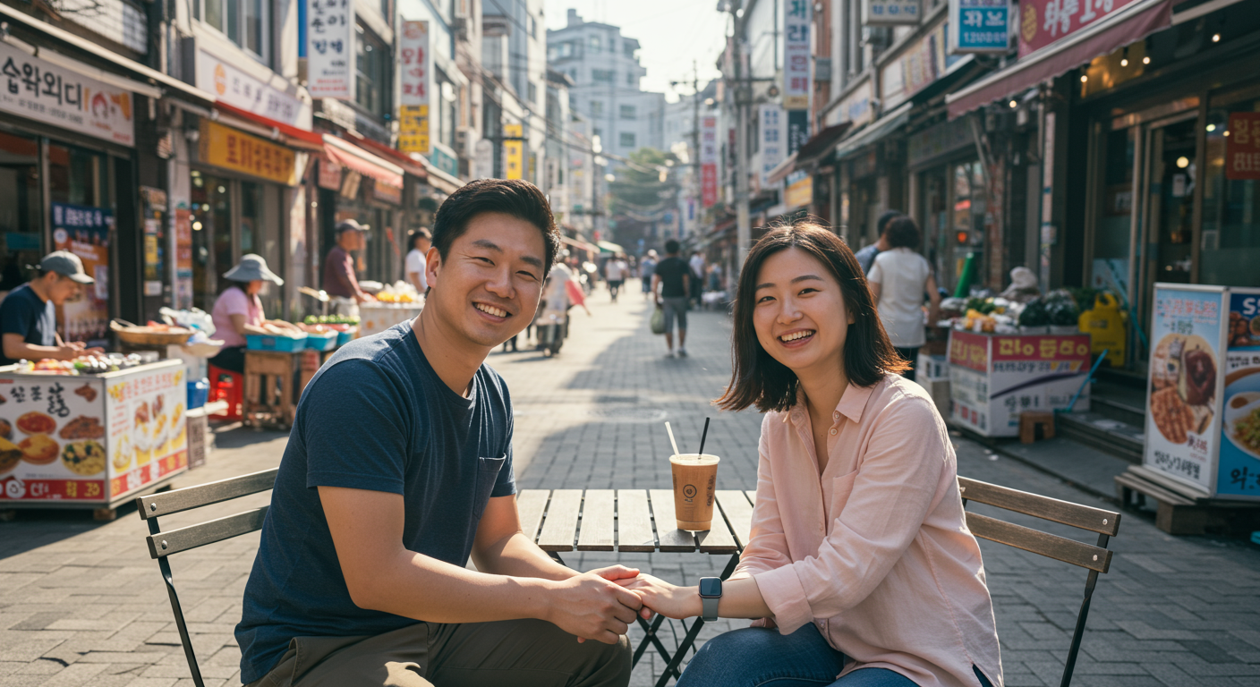 서울의 야외 카페에서 밝은 표정으로 손을 잡고 있는 커플