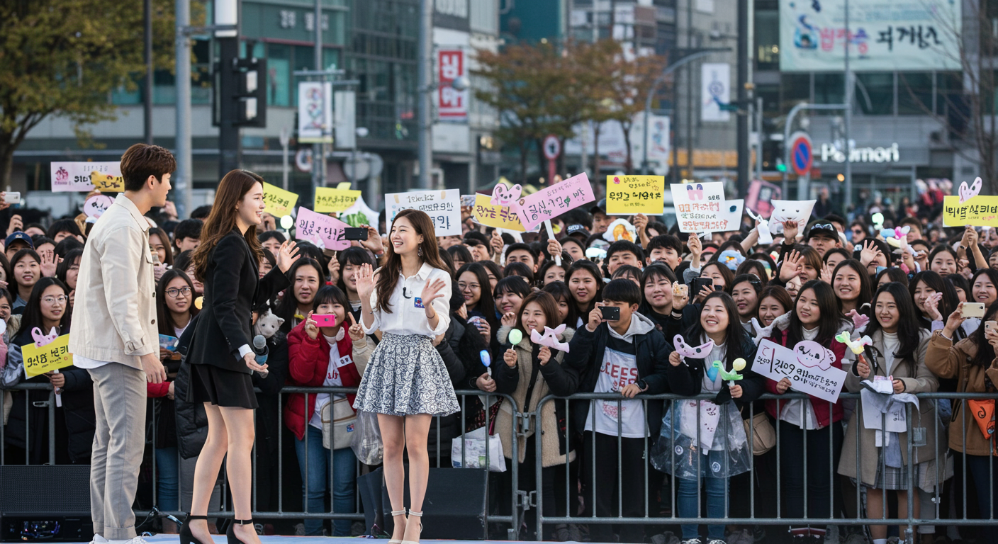 공공 행사에서 팬들의 환호를 받는 유명 연예인 커플