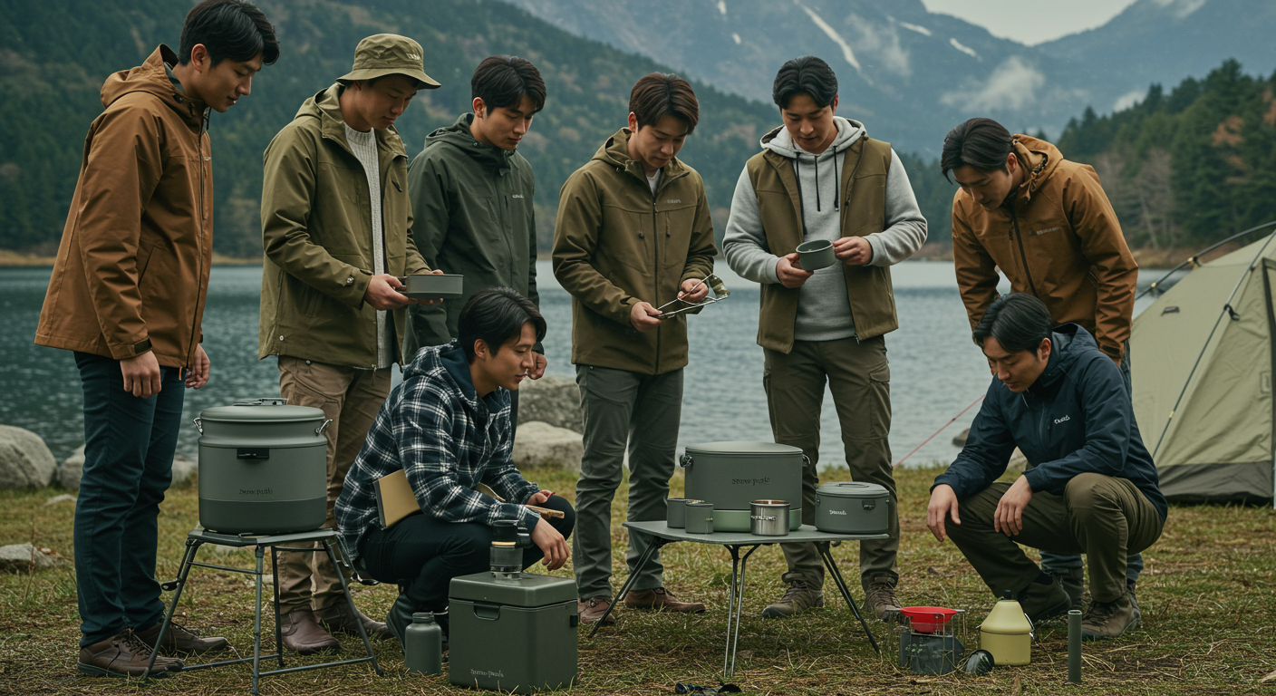 자연 속에서 스노우피크의 지속 가능한 캠핑 장비를 살펴보는 모습