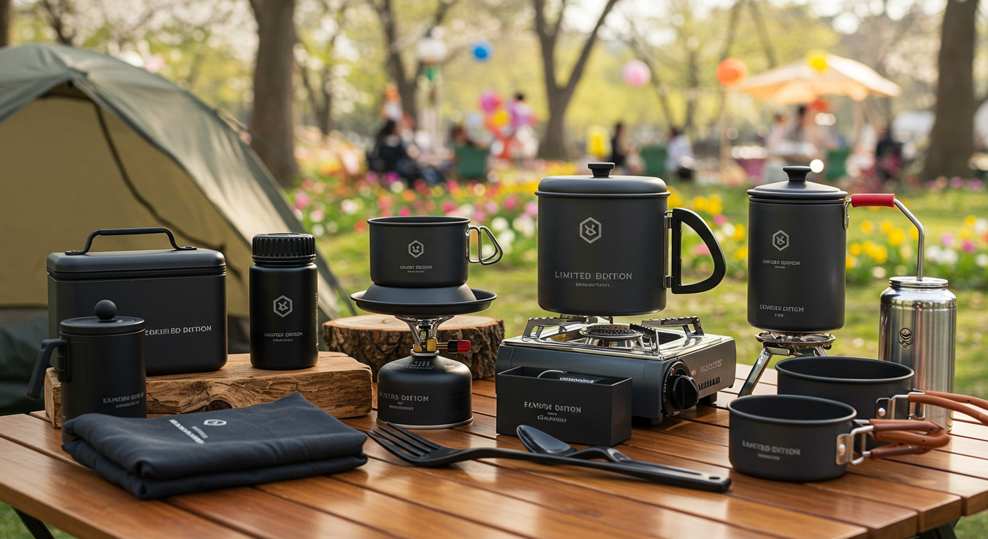 봄 축제에서 세련된 블랙 디자인의 한정판 캠핑 용품 전시
