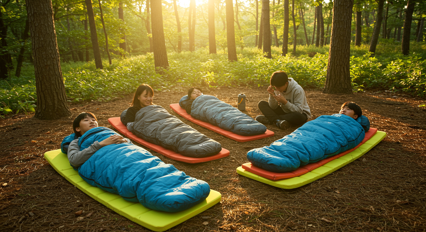 숲속에서 경량 침낭과 컴팩트 매트를 사용하는 젊은 캠퍼들