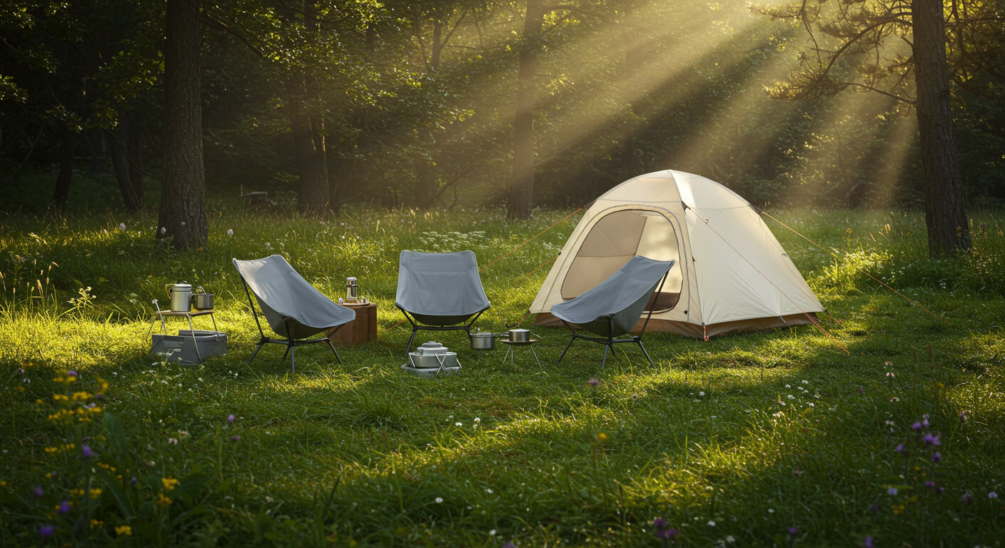 자연 환경에 설치된 그레이 체어와 아이보리 텐트 등 새로운 색상의 캠핑 장비